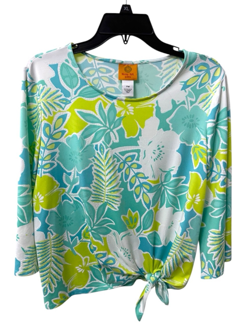 Tropical Hawaiian Floral Scoop Neck Tie-Hem Top Aqua Ruby Rd. EUC P Med.